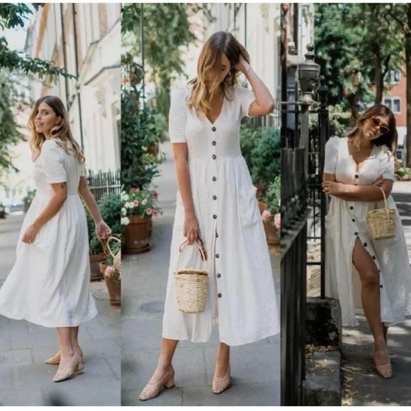 Zara TRF Trafaluc linen viscose cotton midi ivory white dress with buttons - Picture 1 of 12